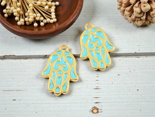 *2* 14x19mm Gold w/Turquoise Enamel Hamsa Charms