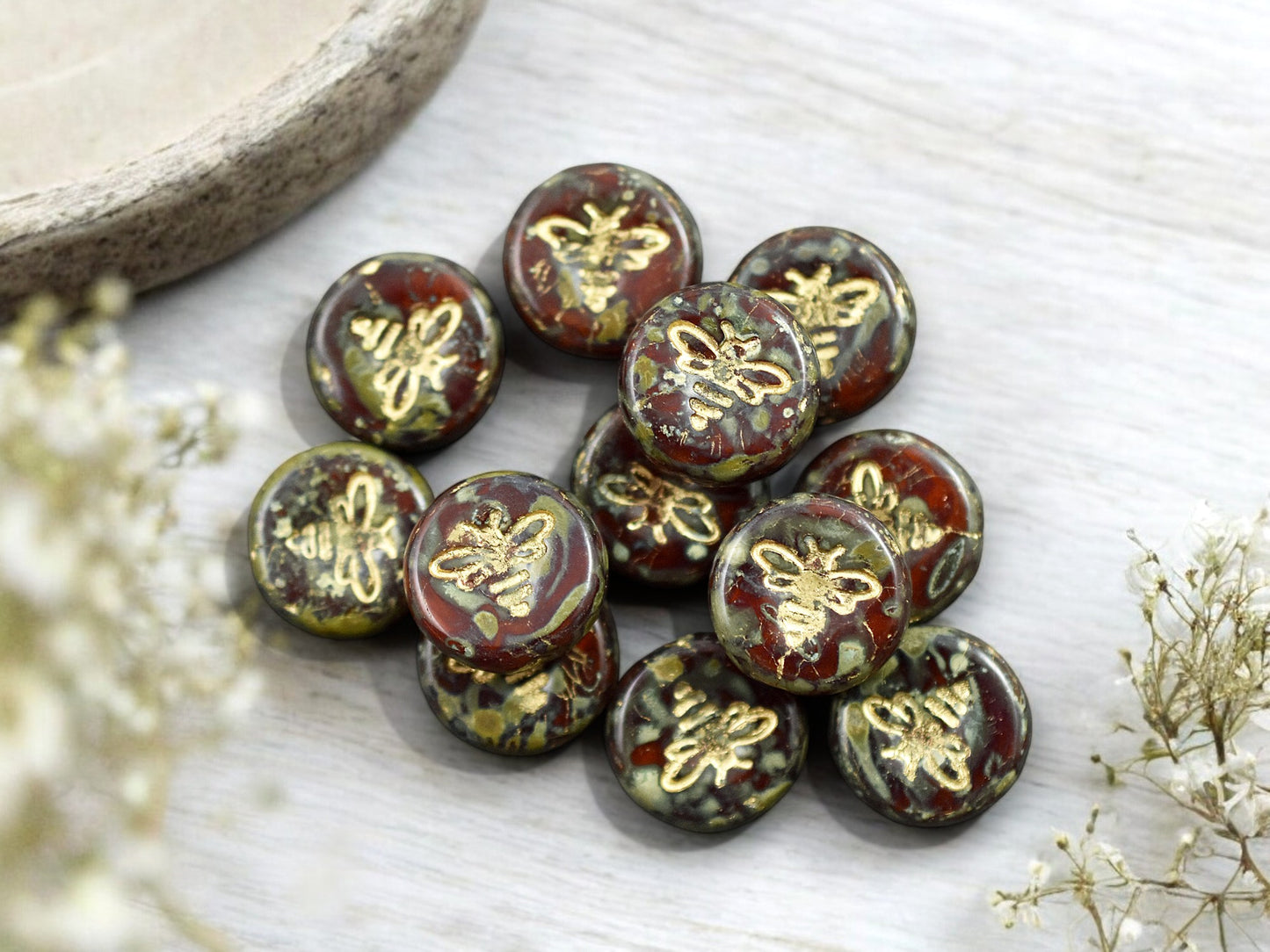 *12* 12mm Gold Washed Red Travertine Bee Coin Beads