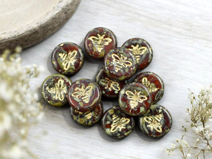*12* 12mm Gold Washed Red Travertine Bee Coin Beads