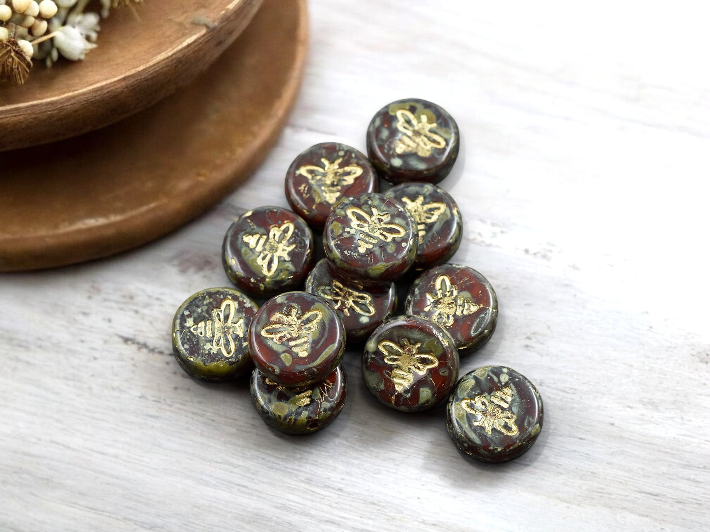 *12* 12mm Gold Washed Red Travertine Bee Coin Beads