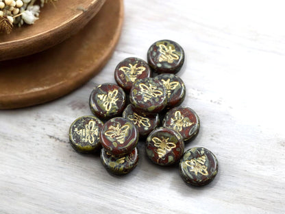 *12* 12mm Gold Washed Red Travertine Bee Coin Beads