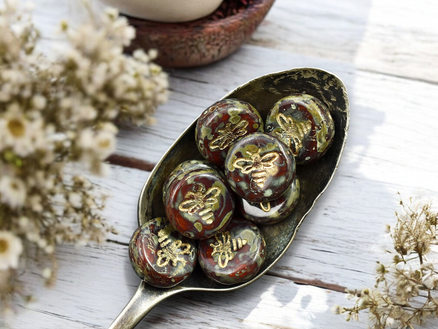*12* 12mm Gold Washed Red Travertine Bee Coin Beads