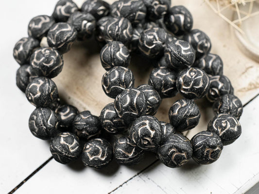 *15* 10mm Metallic Beige Washed Matte Black Round Rose Beads
