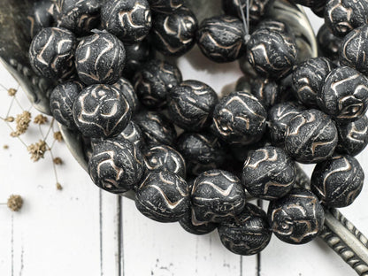 *15* 10mm Metallic Beige Washed Matte Black Round Rose Beads
