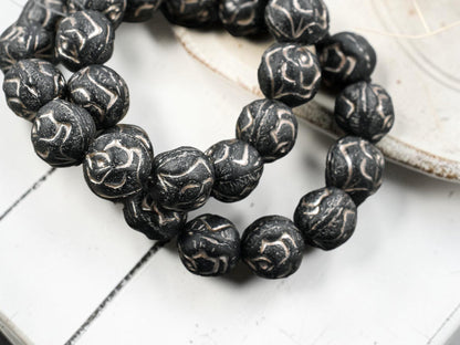 *15* 10mm Metallic Beige Washed Matte Black Round Rose Beads