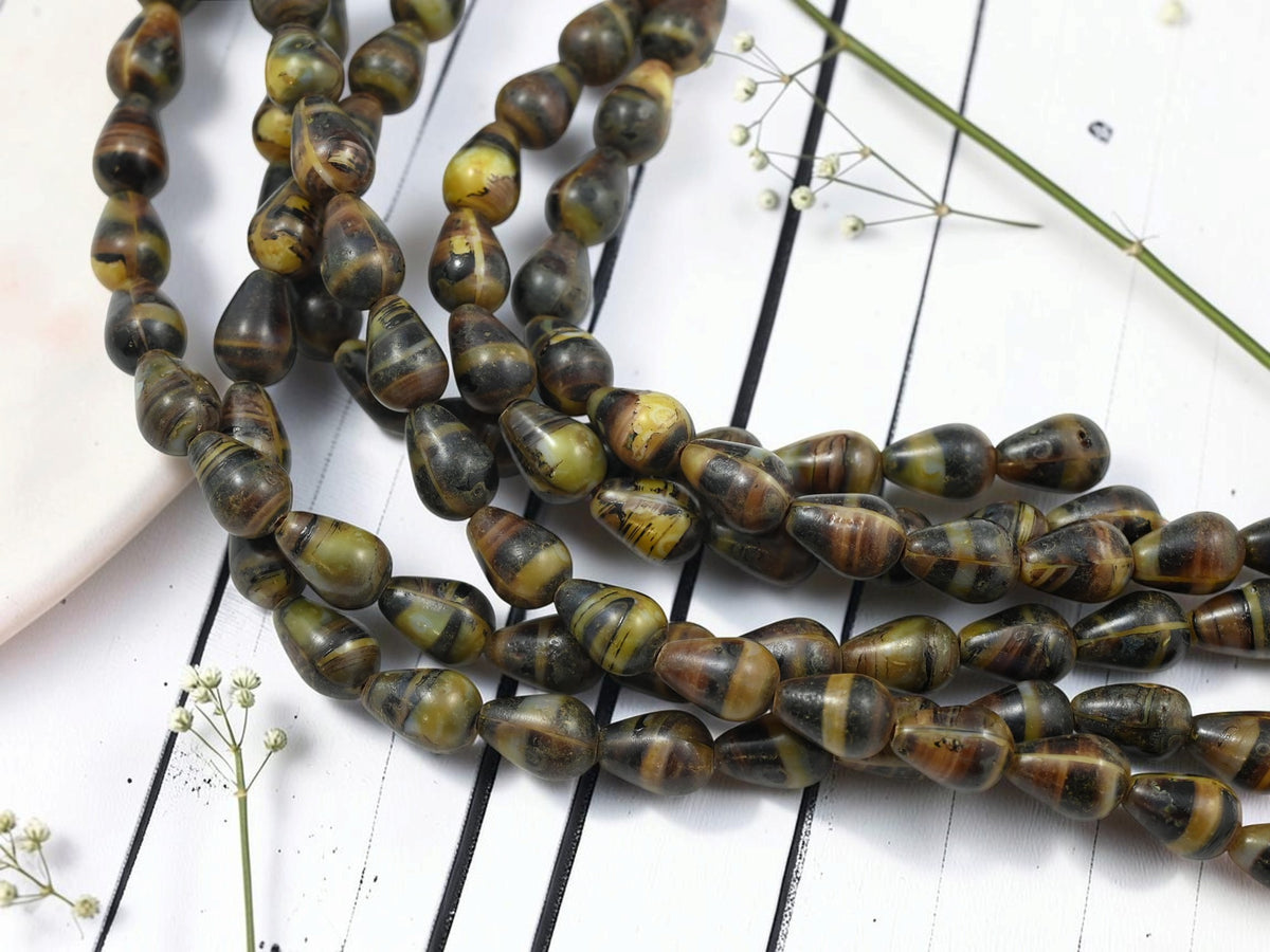 *18* 12x8mm Yellow + Brown Travertone Teardrop Beads