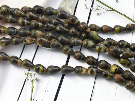 *18* 12x8mm Yellow + Brown Travertone Teardrop Beads
