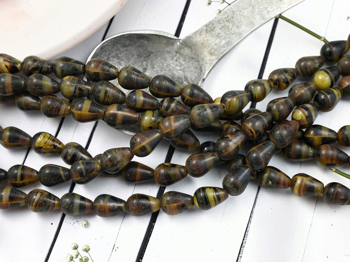 *18* 12x8mm Yellow + Brown Travertone Teardrop Beads