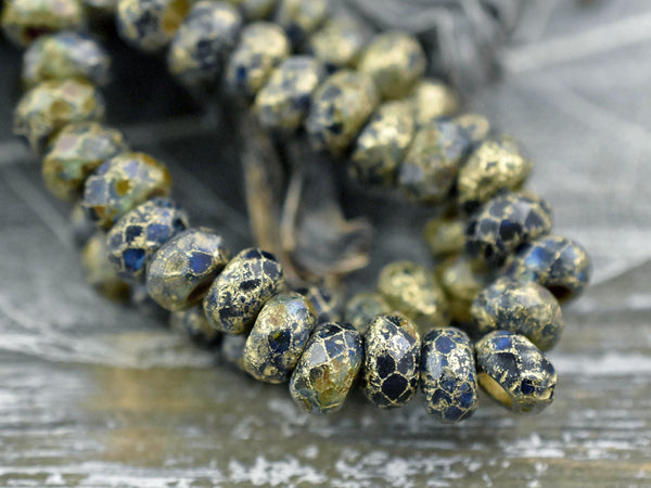 *25* 5x8mm Gold Washed Etched Sapphire Picasso Large Hole Roller Rondelle Beads