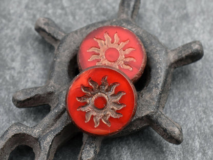 *2* 21mm Gold Washed Hyacinth Orange Opal Table Cut Sun Design Coin Beads