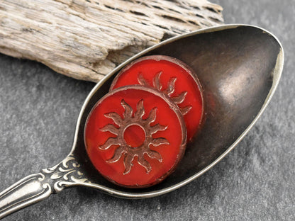 *2* 21mm Gold Washed Hyacinth Orange Opal Table Cut Sun Design Coin Beads