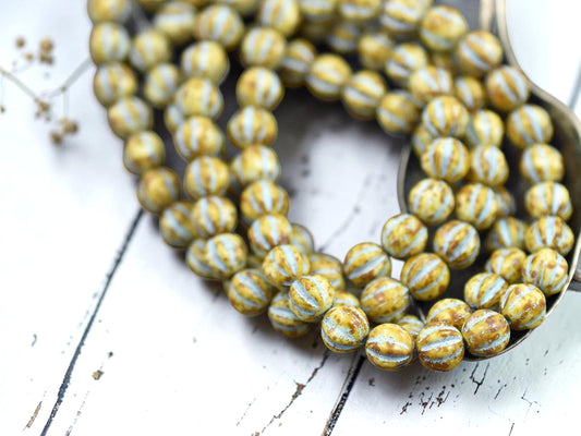 *25* 6mm Turquoise Washed Opaque Beige Picasso Fluted Round Melon Beads