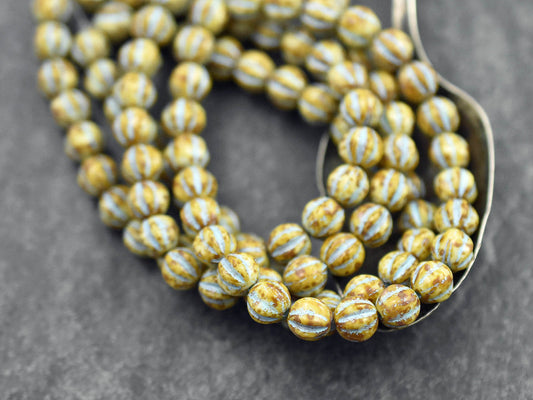*25* 6mm Turquoise Washed Opaque Beige Picasso Fluted Round Melon Beads