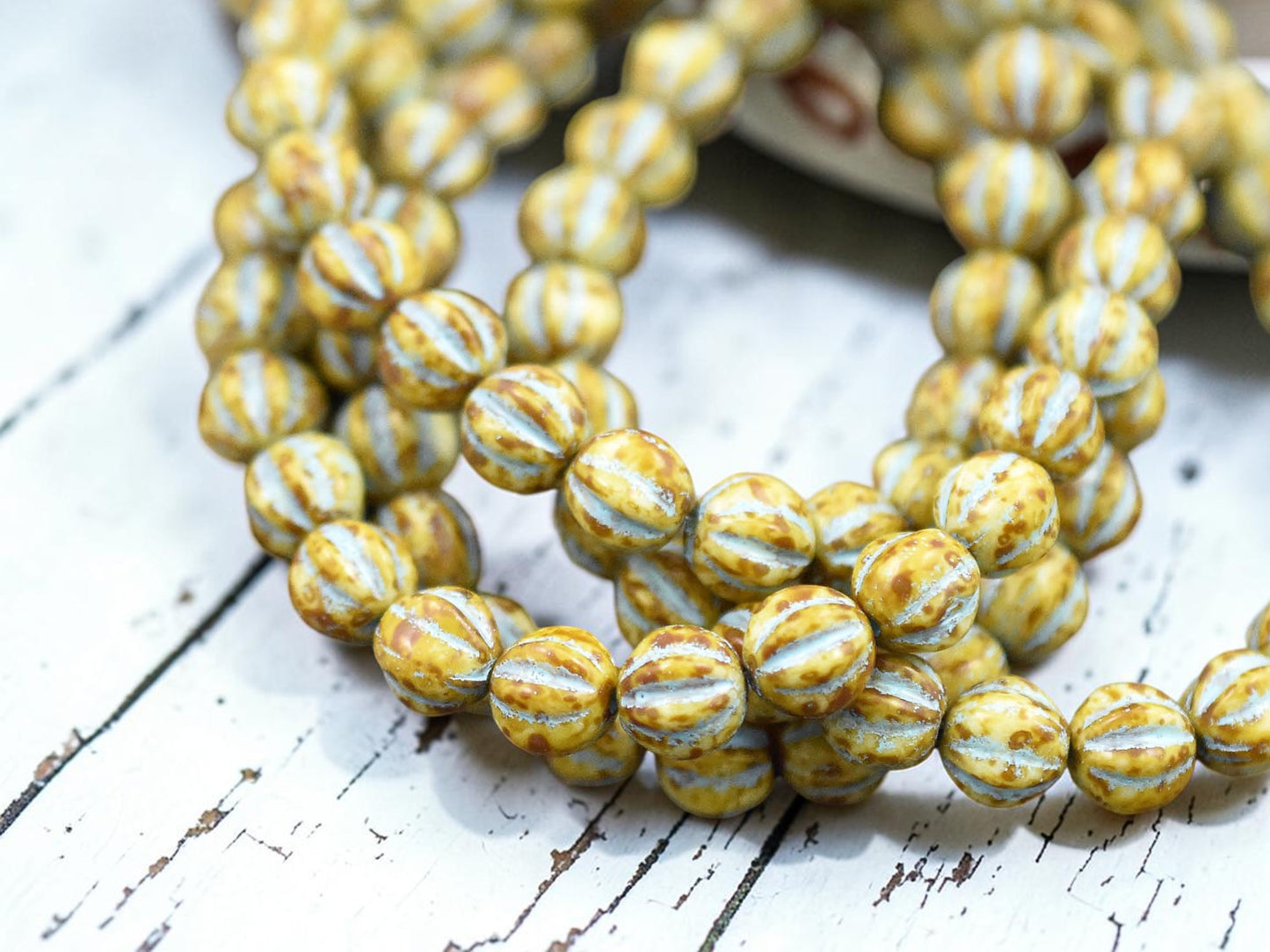 *25* 6mm Turquoise Washed Opaque Beige Picasso Fluted Round Melon Beads