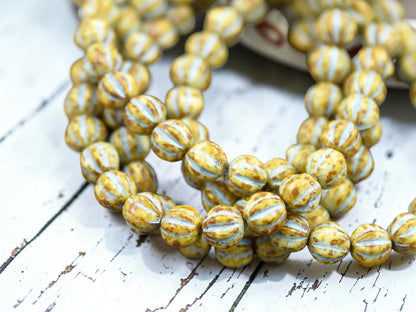 *25* 6mm Turquoise Washed Opaque Beige Picasso Fluted Round Melon Beads