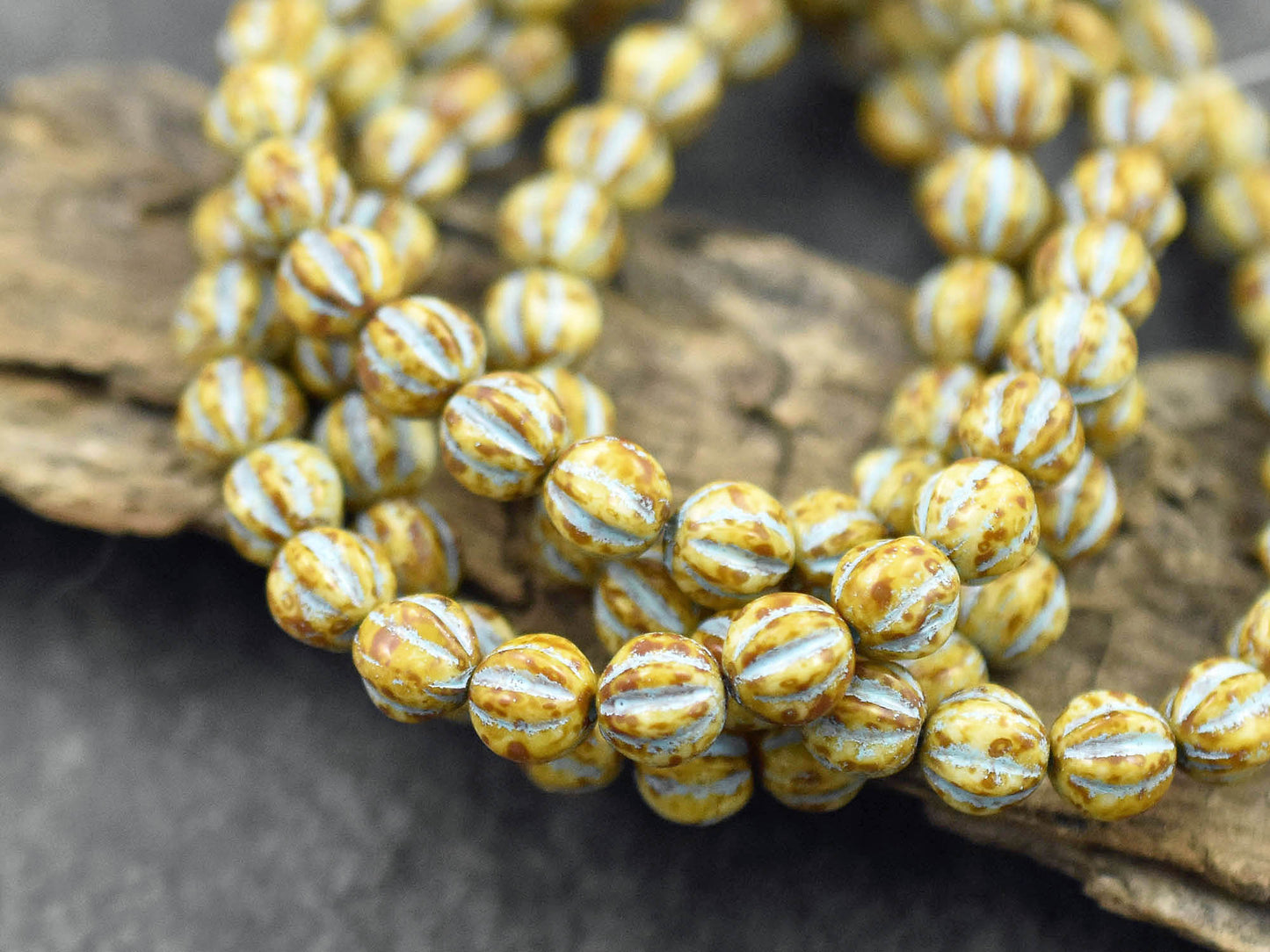 *25* 6mm Turquoise Washed Opaque Beige Picasso Fluted Round Melon Beads
