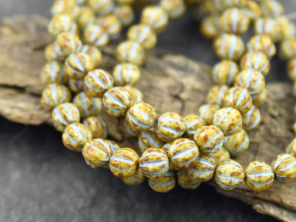 *25* 6mm Turquoise Washed Opaque Beige Picasso Fluted Round Melon Beads