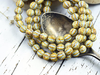 *25* 6mm Turquoise Washed Opaque Beige Picasso Fluted Round Melon Beads
