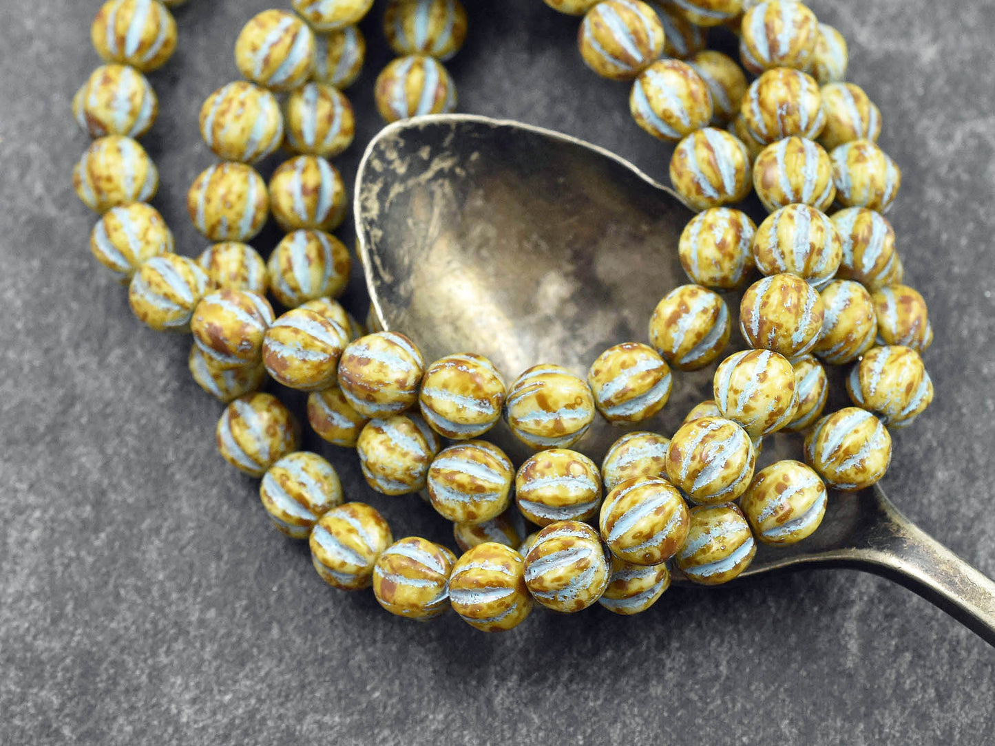 *25* 6mm Turquoise Washed Opaque Beige Picasso Fluted Round Melon Beads