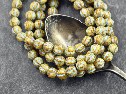 *25* 6mm Turquoise Washed Opaque Beige Picasso Fluted Round Melon Beads
