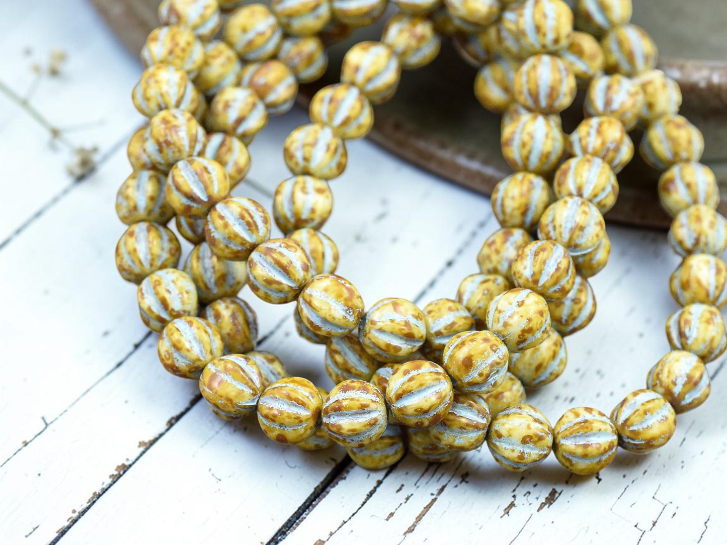 *25* 6mm Turquoise Washed Opaque Beige Picasso Fluted Round Melon Beads