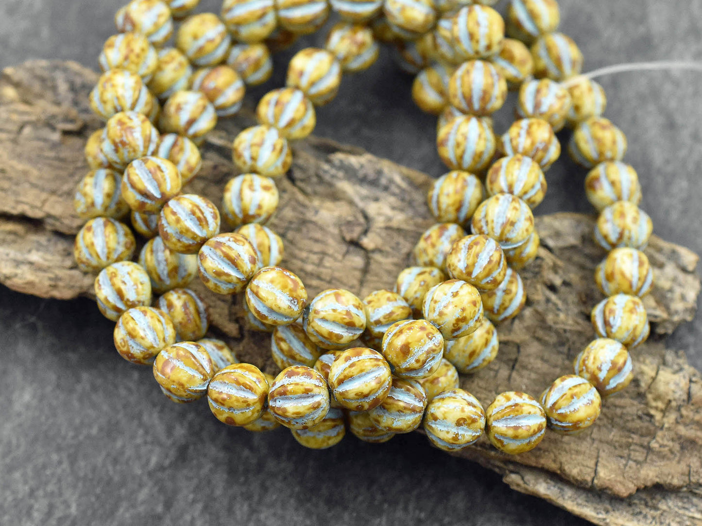 *25* 6mm Turquoise Washed Opaque Beige Picasso Fluted Round Melon Beads