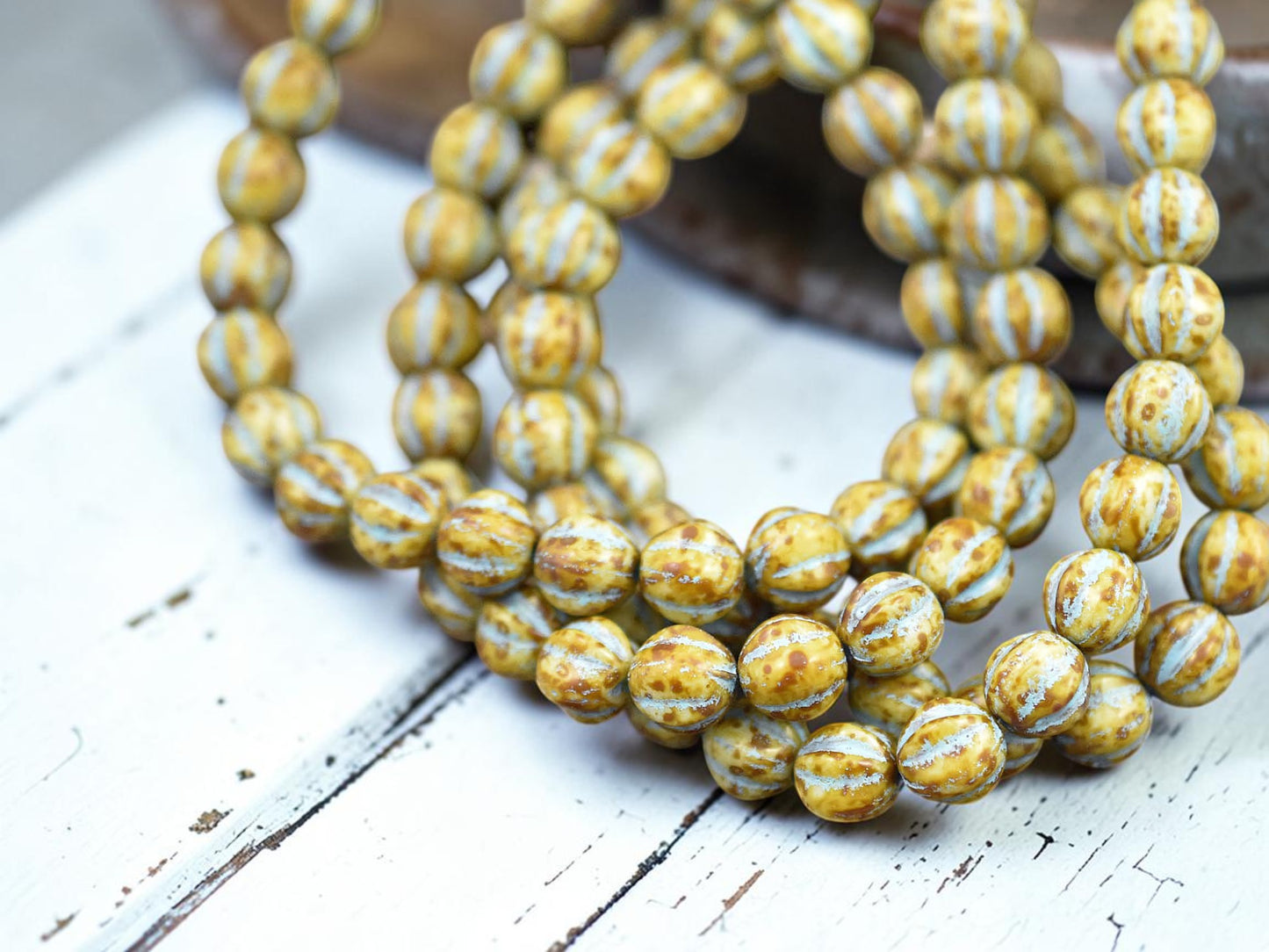 *25* 6mm Turquoise Washed Opaque Beige Picasso Fluted Round Melon Beads