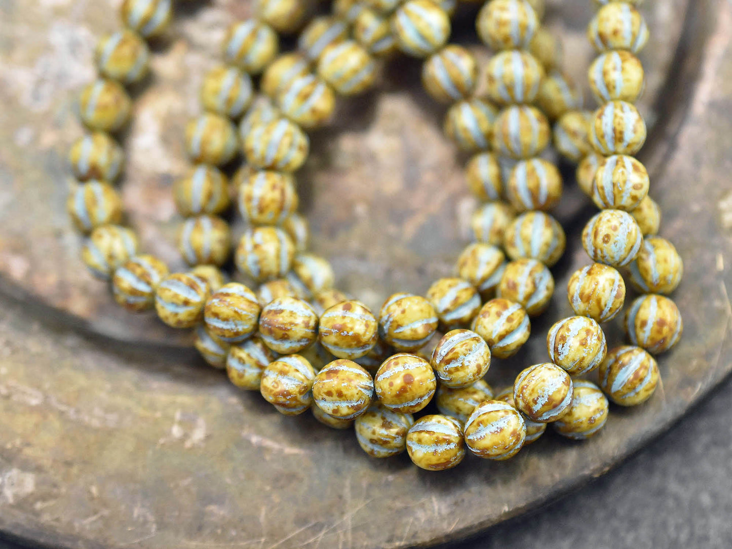 *25* 6mm Turquoise Washed Opaque Beige Picasso Fluted Round Melon Beads