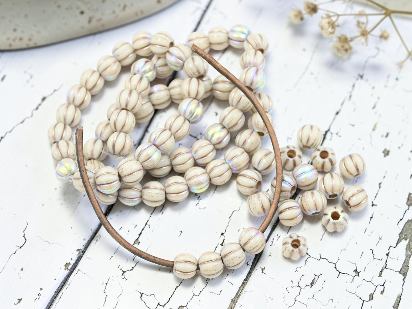 *20* 8mm Blonde Platinum Washed Opaque White AB Large Hole Melon Beads