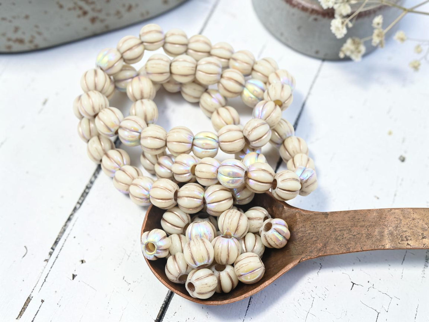 *20* 8mm Blonde Platinum Washed Opaque White AB Large Hole Melon Beads
