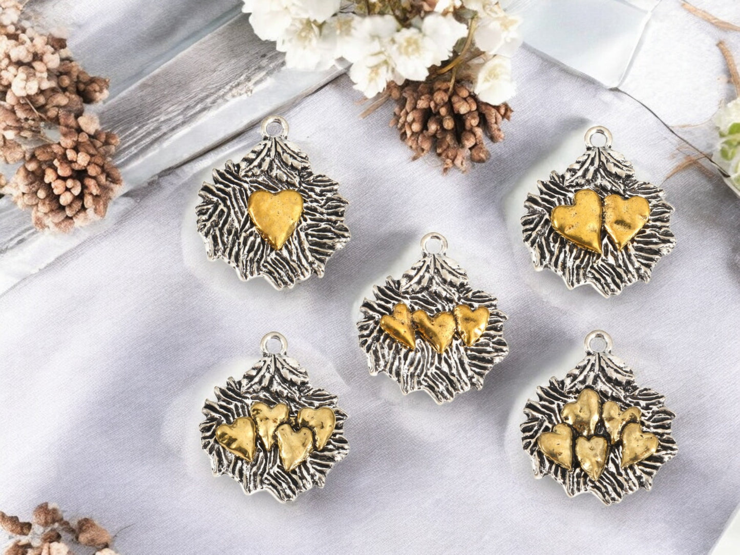 *10* 26x22mm 2 Tone Silver/Gold Heart Leaf Charms