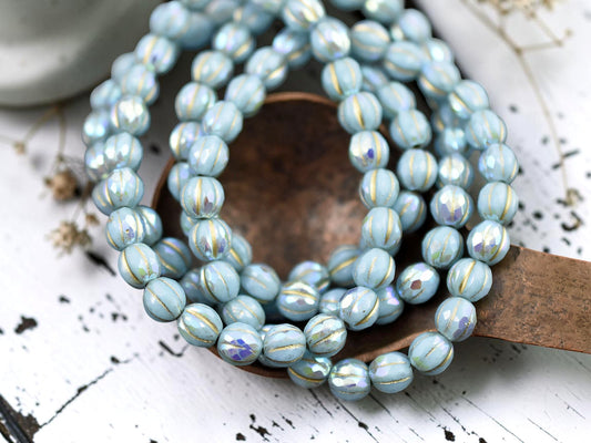 *25* 6mm Gold Washed Sky Blue AB Faceted Round Melon Beads