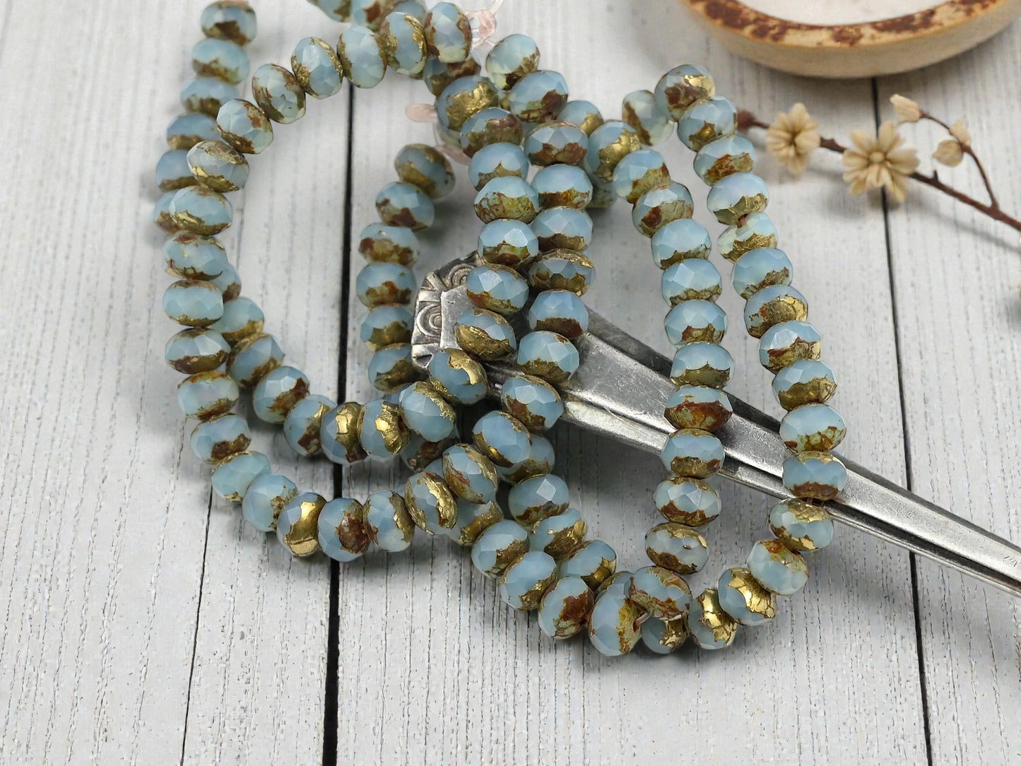 *30* 3x5mm Blue Opal Picasso Fire Polished Rondelle Beads