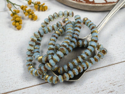 *30* 3x5mm Blue Opal Picasso Fire Polished Rondelle Beads