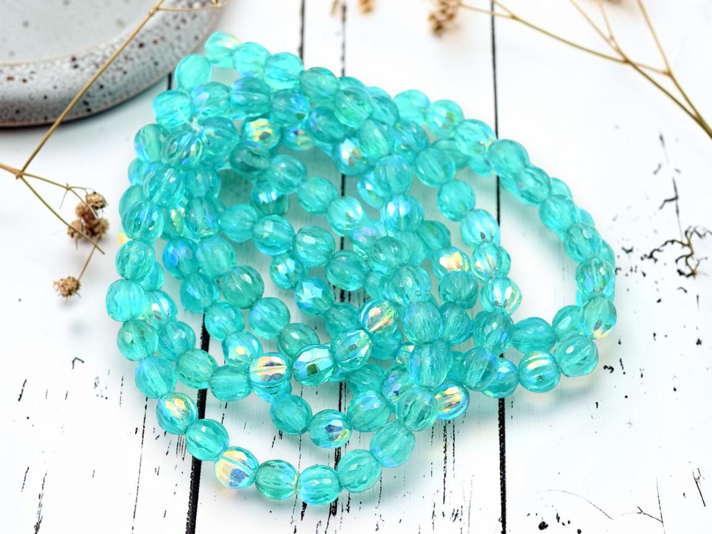 *25* 6mm Aqua AB Faceted Round Melon Beads