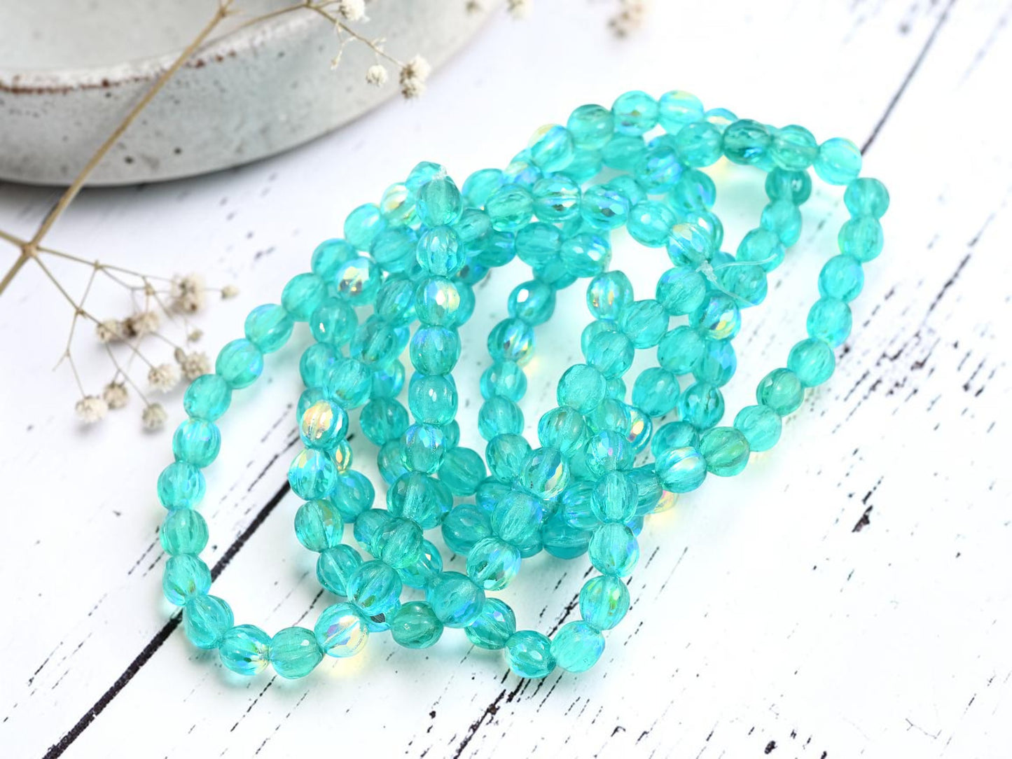 *25* 6mm Aqua AB Faceted Round Melon Beads