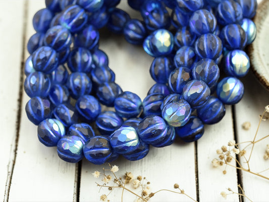 *20* 8mm Blue Washed Matte Sapphire AB Faceted Round Melon Beads