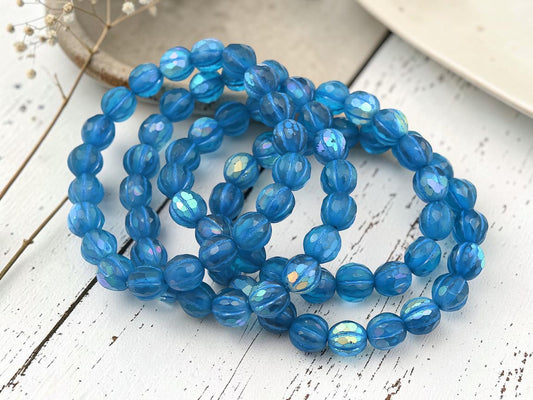 *20* 8mm Blue Washed Matte Sapphire AB Faceted Round Melon Beads