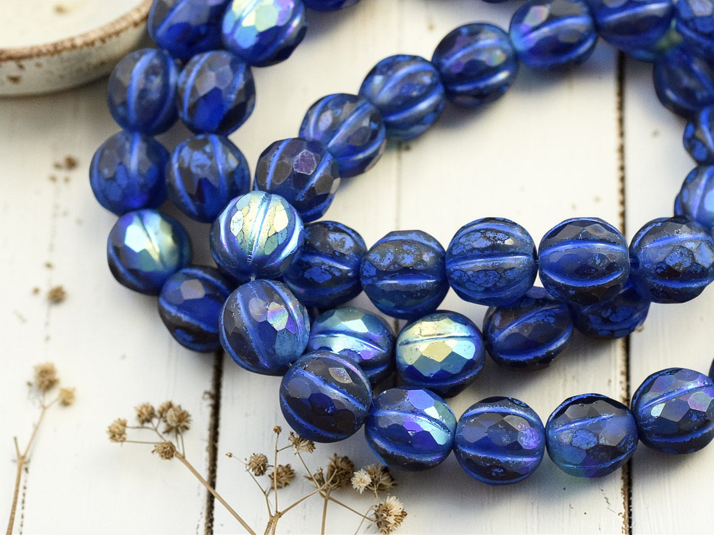 *20* 8mm Blue Washed Matte Sapphire AB Faceted Round Melon Beads