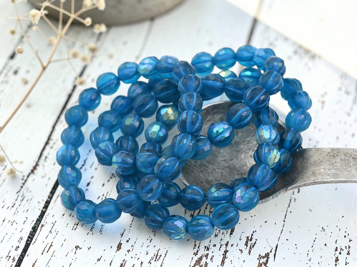 *20* 8mm Blue Washed Matte Sapphire AB Faceted Round Melon Beads