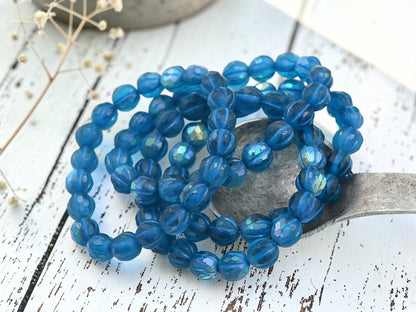 *20* 8mm Blue Washed Matte Sapphire AB Faceted Round Melon Beads
