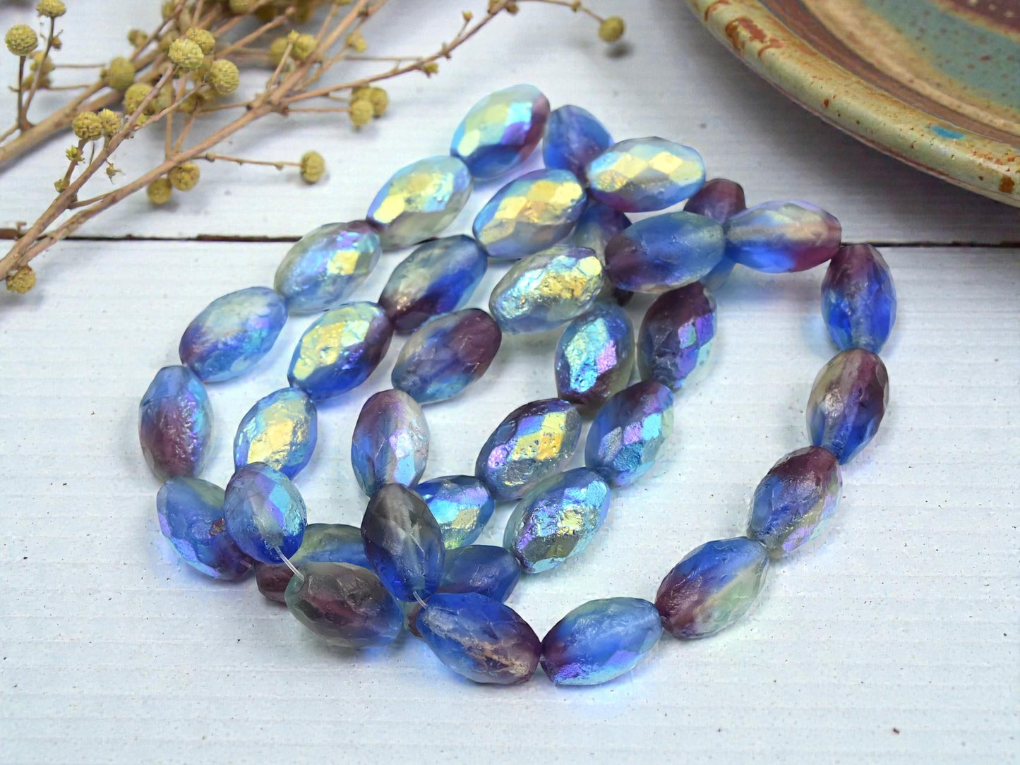 *12* 12x8mm Etched Sapphire Amethyst AB Faceted Fire Polished Oval Beads