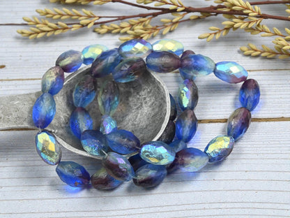 *12* 12x8mm Etched Sapphire Amethyst AB Faceted Fire Polished Oval Beads