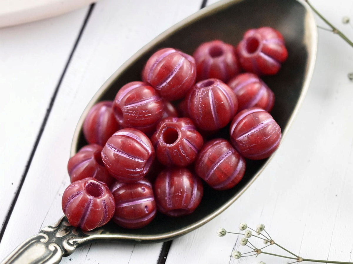 *20* 8mm Metallic Pink Washed Opaque Ruby Red Large Hole Melon Beads