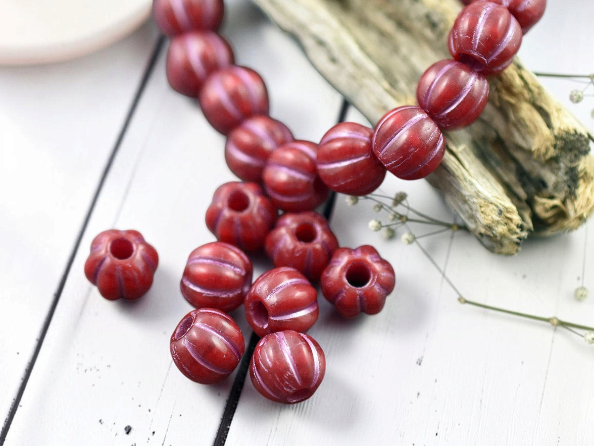 *20* 8mm Metallic Pink Washed Opaque Ruby Red Large Hole Melon Beads