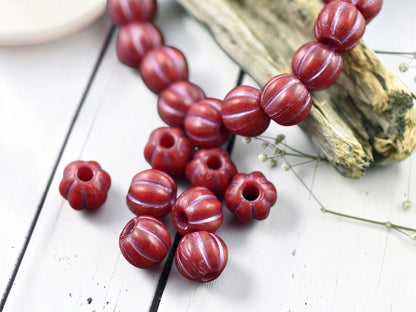 *20* 8mm Metallic Pink Washed Opaque Ruby Red Large Hole Melon Beads