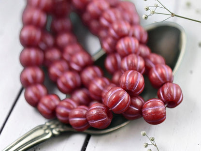 *20* 8mm Metallic Pink Washed Opaque Ruby Red Large Hole Melon Beads