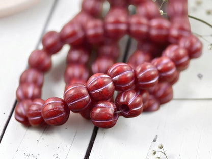 *20* 8mm Metallic Pink Washed Opaque Ruby Red Large Hole Melon Beads