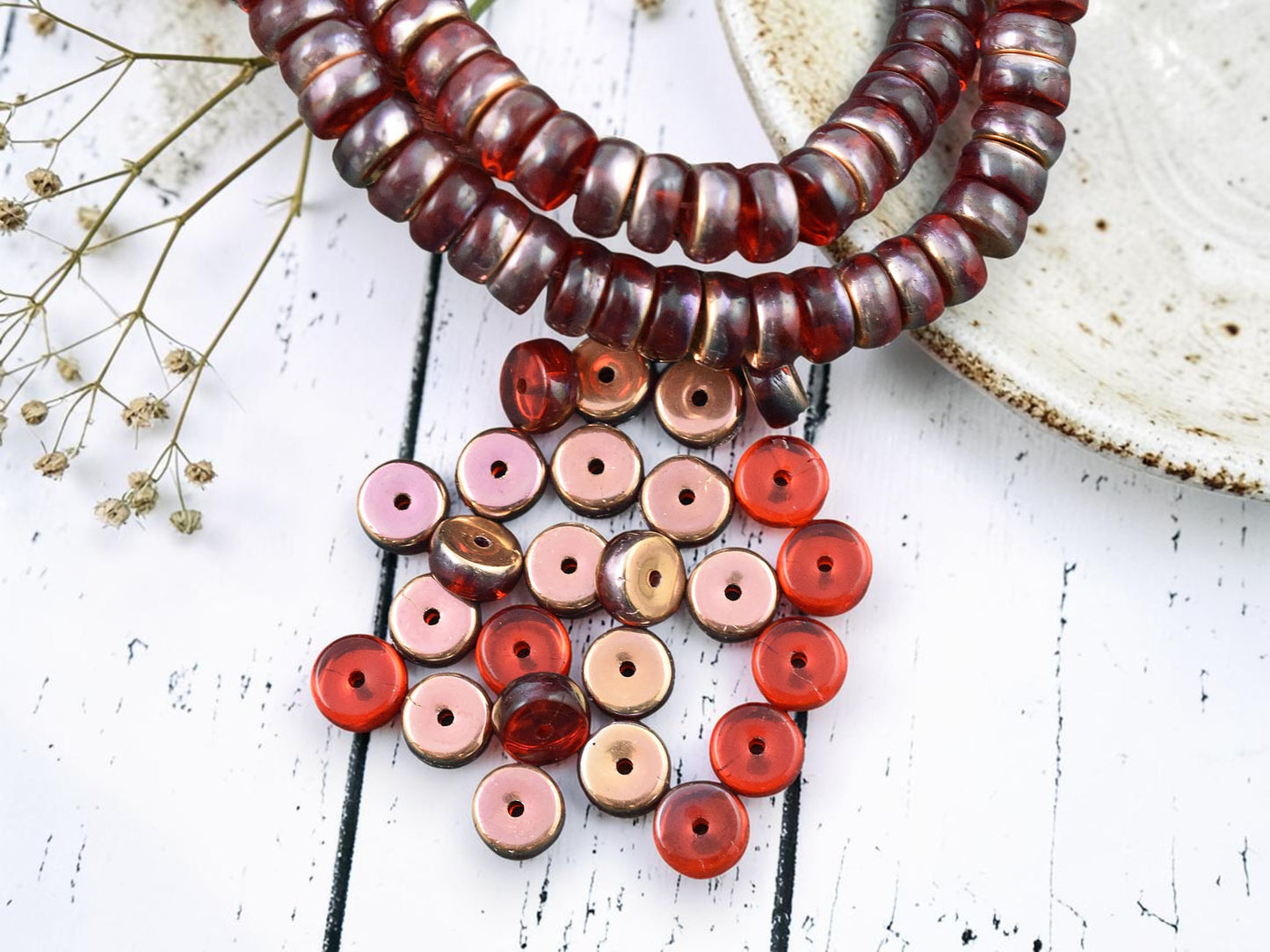 *50* 6x3mm Copper Washed Ruby Red Heishi Rondelle Beads
