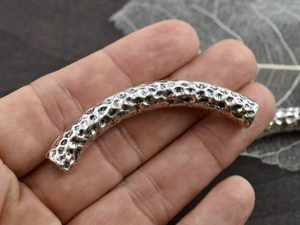 61x8mm Antique Silver Hammered Curved Tube Bead